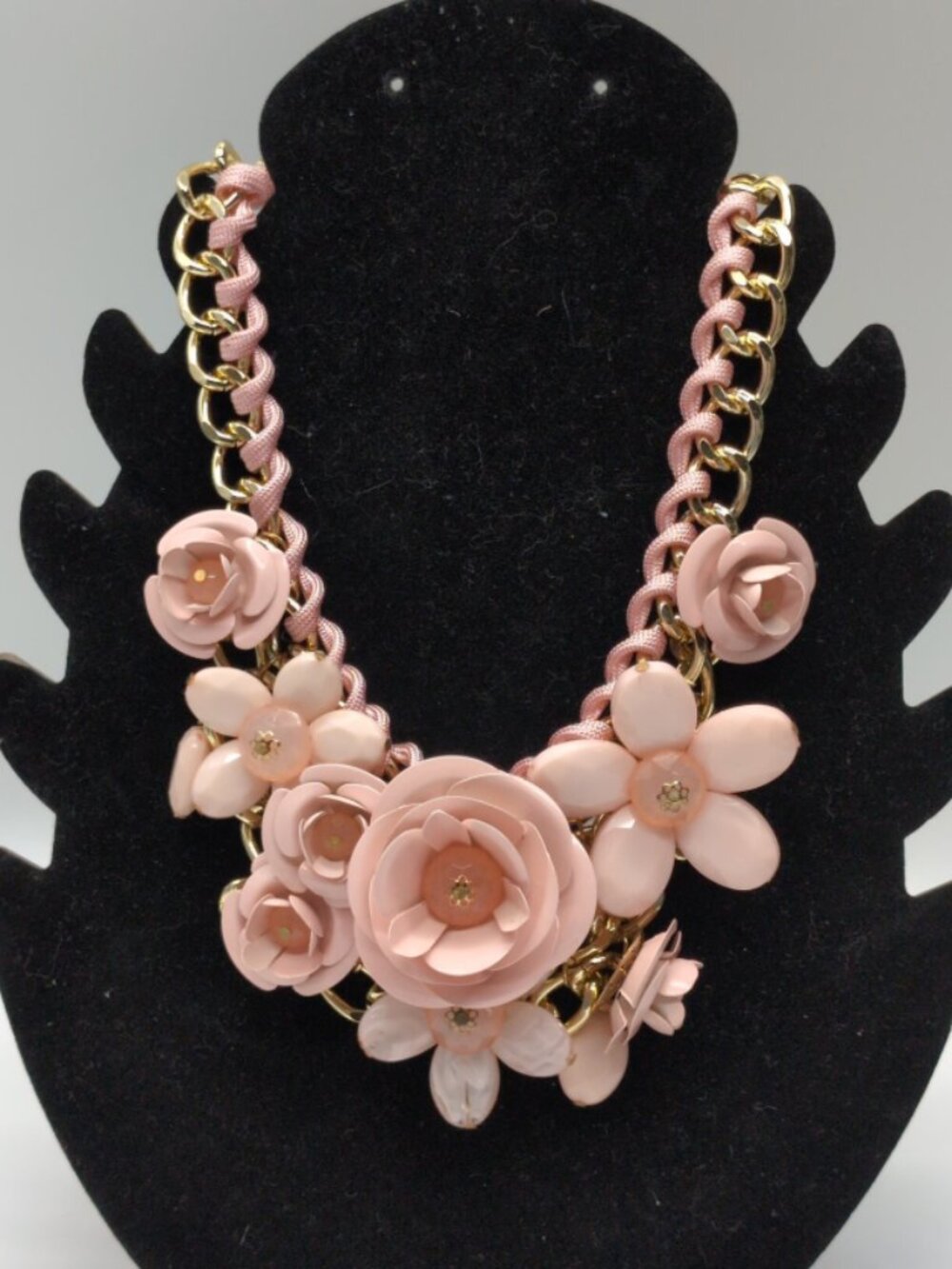Betsey Johnson Pink Enamel Flower Statement Necklace Woven Chain - Garden Party